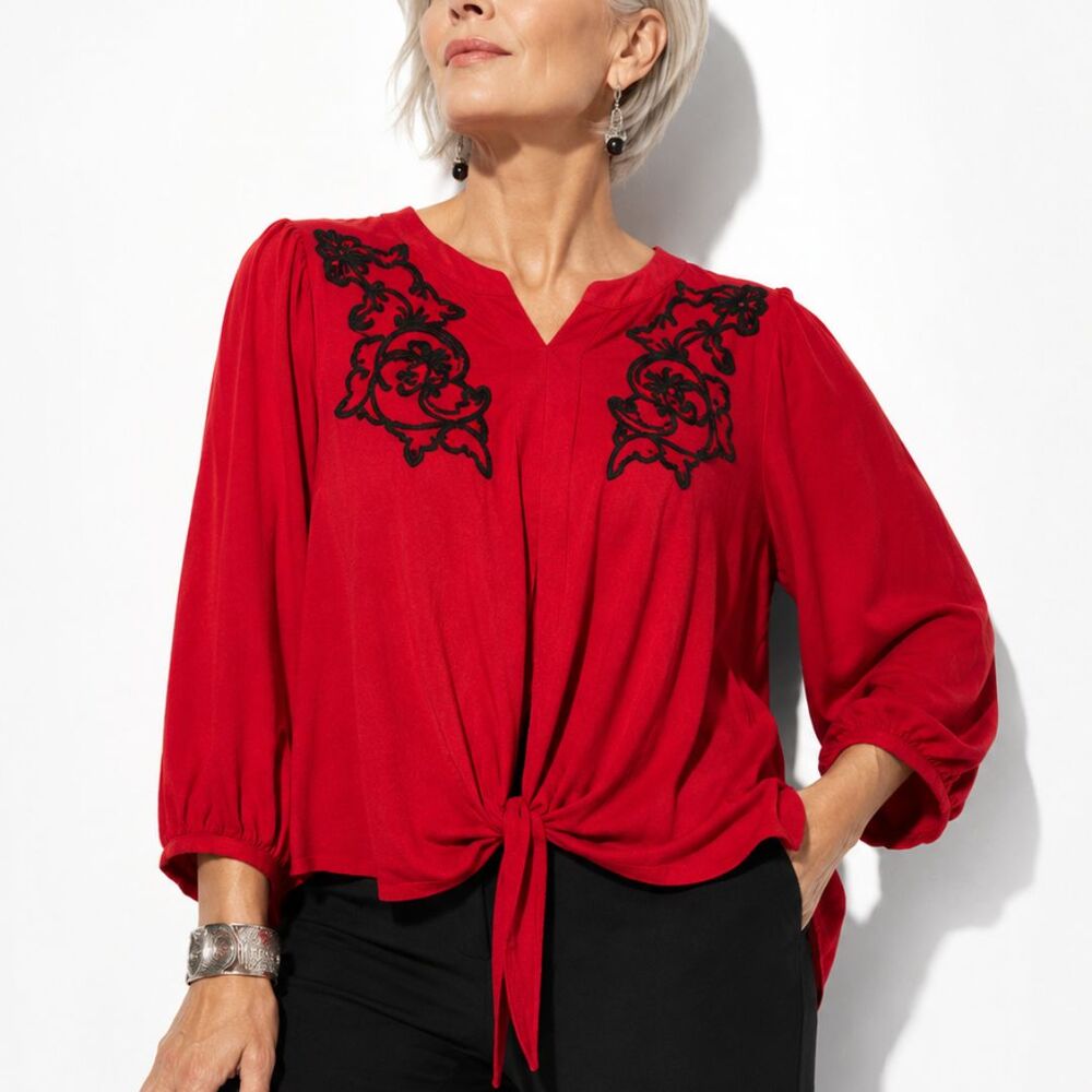 Chico's 2 (US 12) Red Embroidered Tie Front Blouse Balloon Sleeve Top Stretch